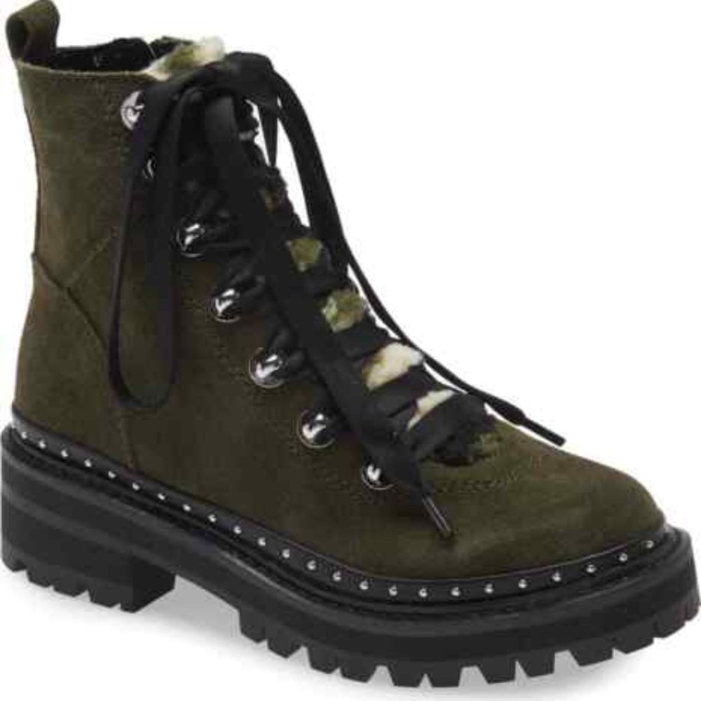 NEW Steve Madden Rainier olive camo faux fur moto studded ankle boots lace 6.5